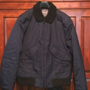 Navy winter bomber jacket with Sherpa collar